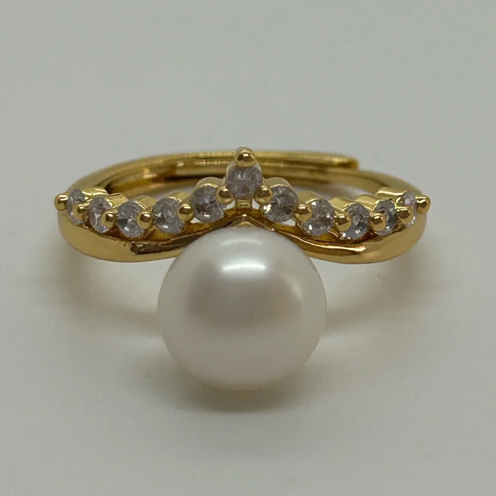 8mm White Freshwater Pearl Gold Plated Adjustable Ring